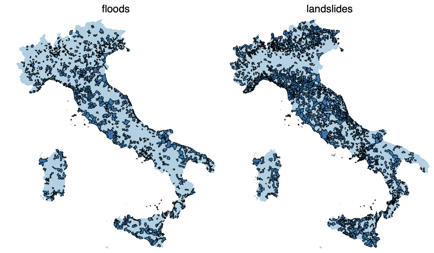 Figura 1 Comuni colpiti da dissesto idrogeologico tra il 2010 e il 2018: Frane (pannello di sinistra) e alluvioni (pannello di destra)