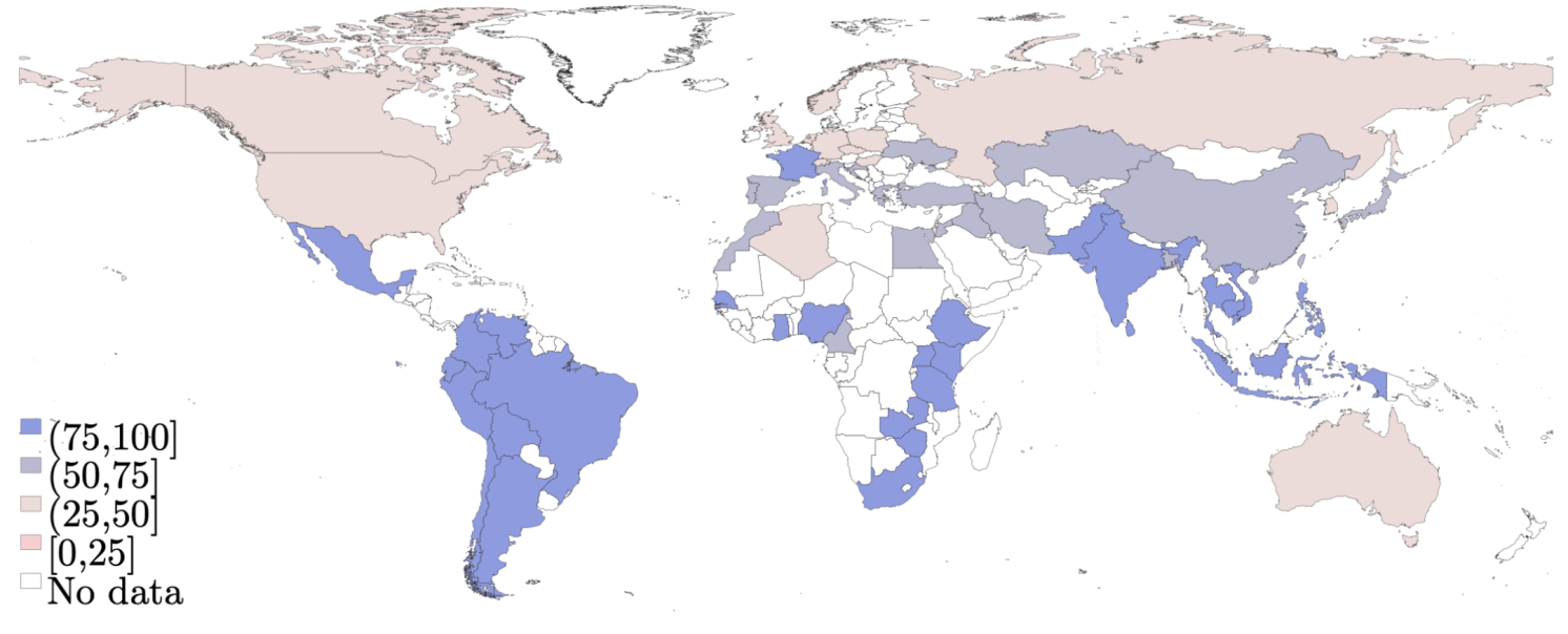 Figure 2 Actual support for affirmative action around the world 