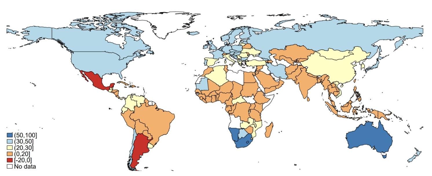 Figure 1 A global map of redistribution: Percent reduction in top 10% to bottom 50% income ratio, from pre-tax to post-tax
