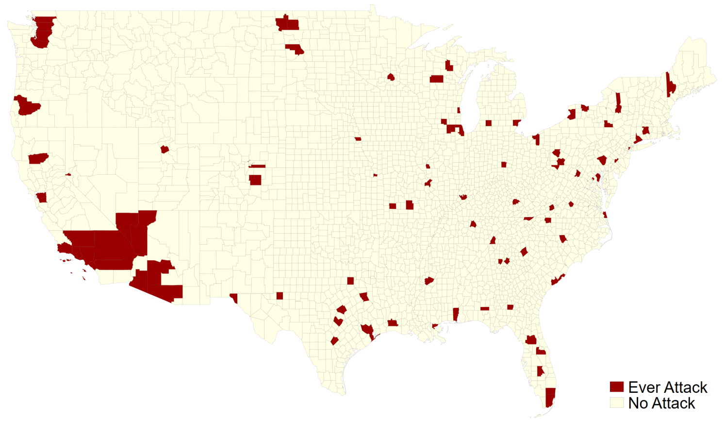Figure 1 Counties with a mass shooting, 2006–2019