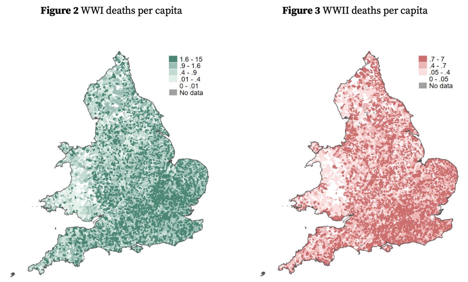 Figures 2 and 3, deaths per capita in World War 1 and World War 2