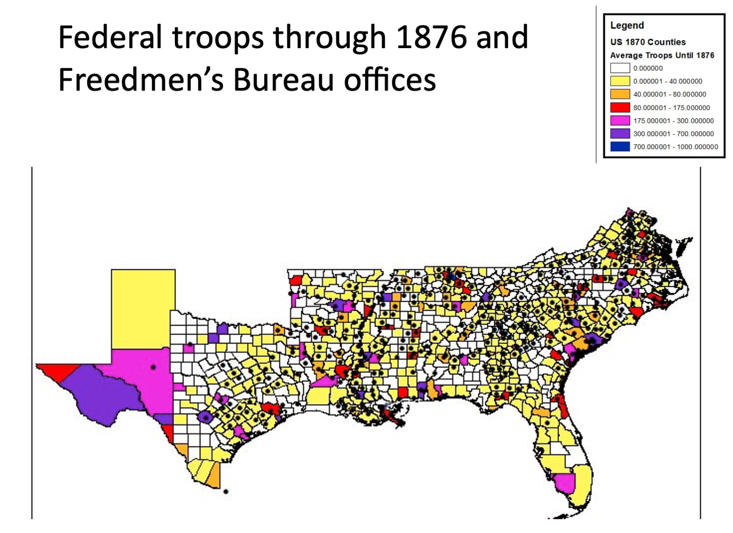 Figure 1 Federal troops until 1876 and Freedmen’s Bureau offices in post–Civil War US South