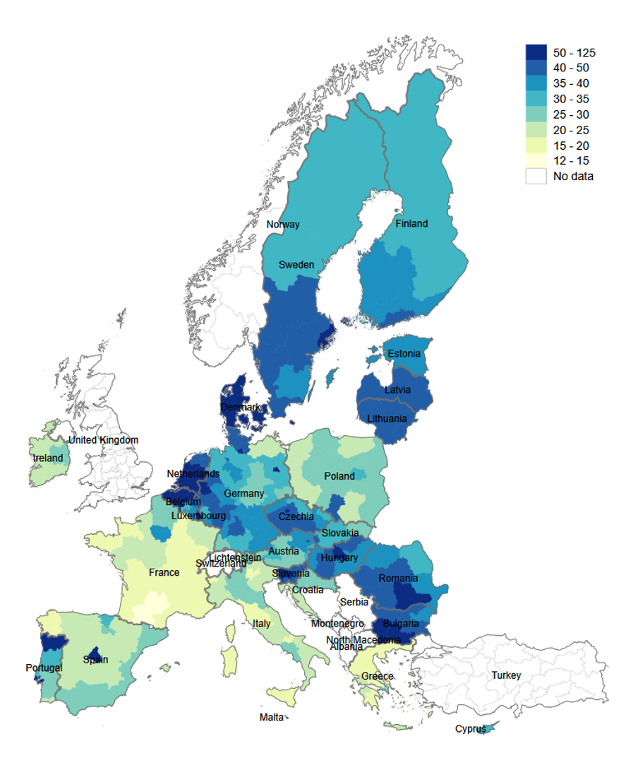 Figure 3 Internet speed estimates at NUTS2 level in the EU in 2019
